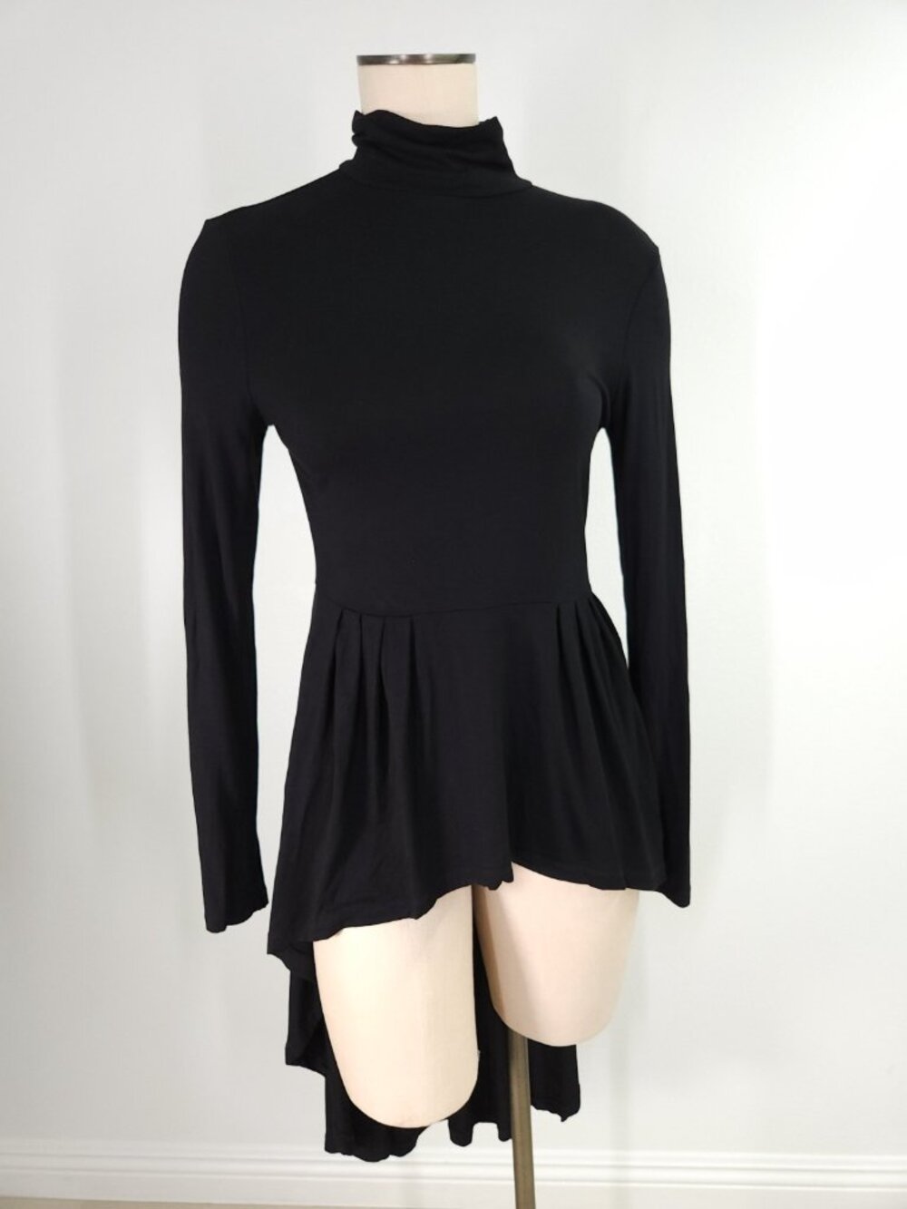 Patrizia Luca Womens Small Black High Low Tunic Mock Neck Pleated Peplum Top